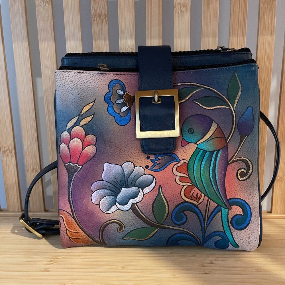 ANUSCHKA Hand Painted Tropical Bird Flowers Leather Handbag - NWOT